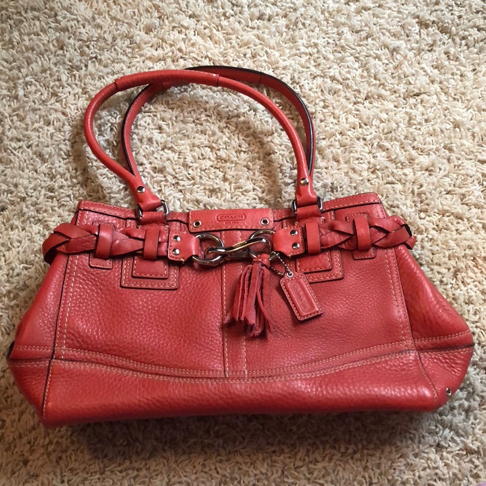 Coach Bag Coral Hamptons Pebbled Leather Braided Tassel Shoulder Satchel